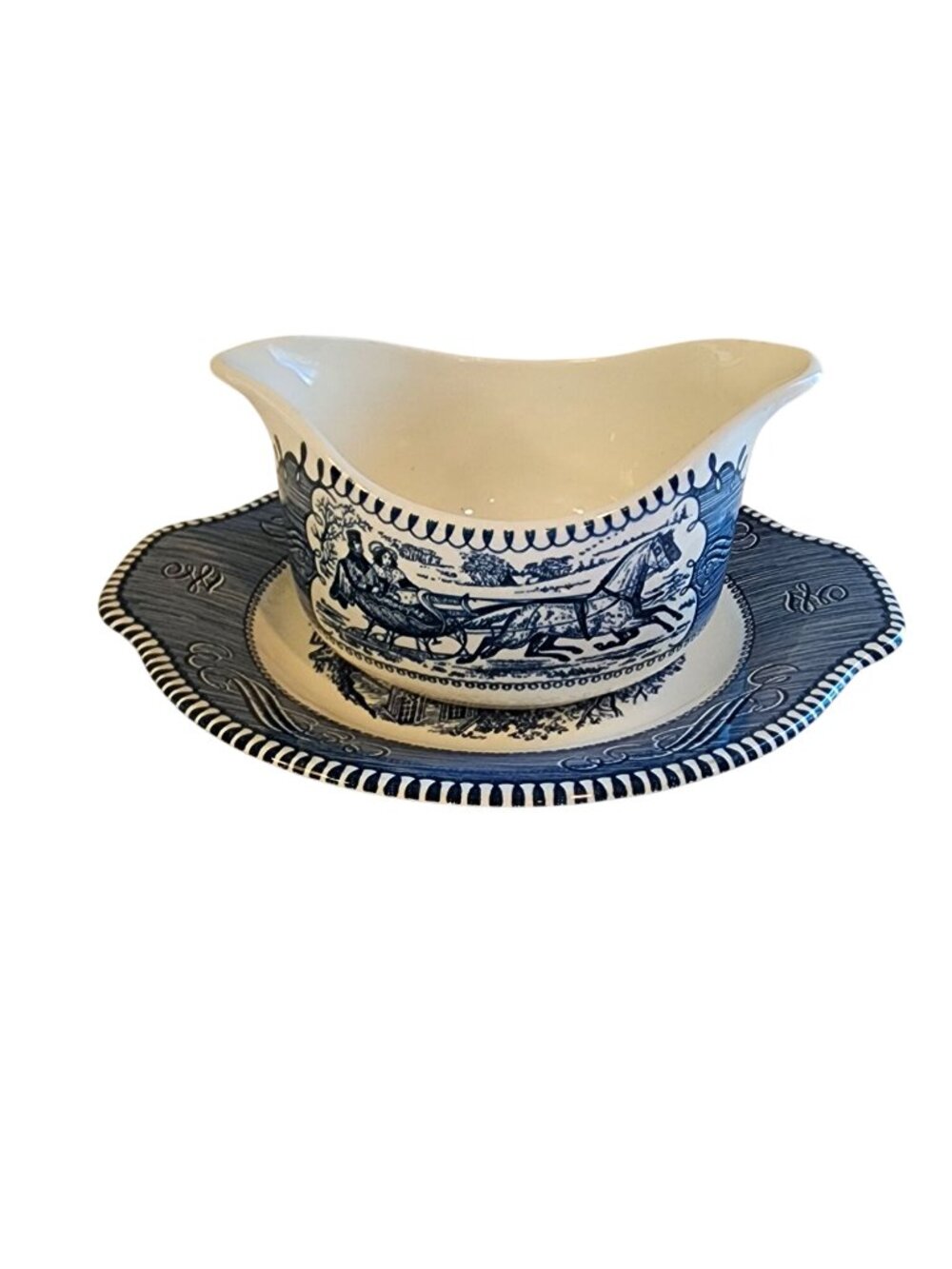 Currier & Ives Blue Gravy Boat Steamboat / Oaken well Pattern